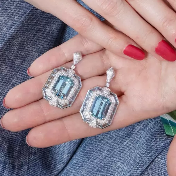 16ctw Emerald Cut Aquamarine Vintage Halo Drop Earrings