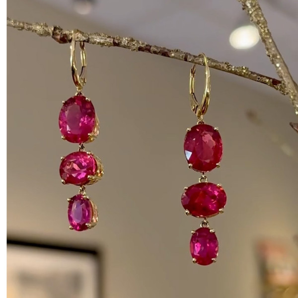 20ctw Oval Cut Ruby Gold Tone Drop Earrings