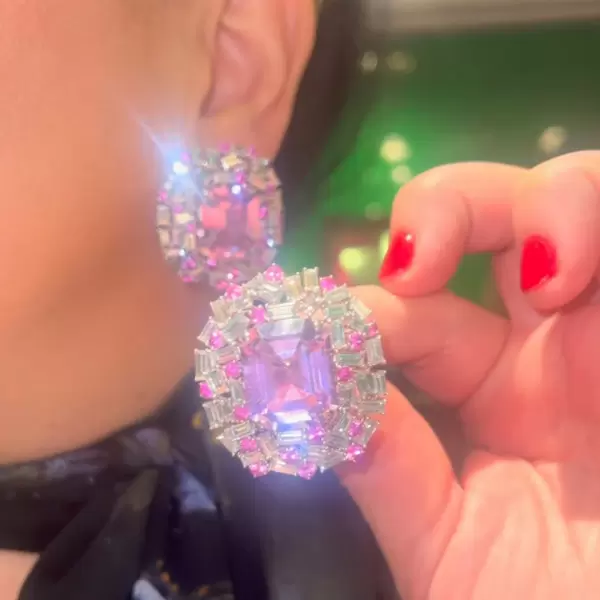 30ctw Emerald Cut Fuchsia Sapphire Cluster Large Stud Earrings