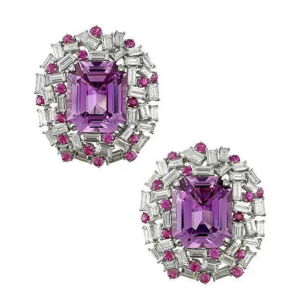 30ctw Emerald Cut Fuchsia Sapphire Cluster Large Stud Earrings