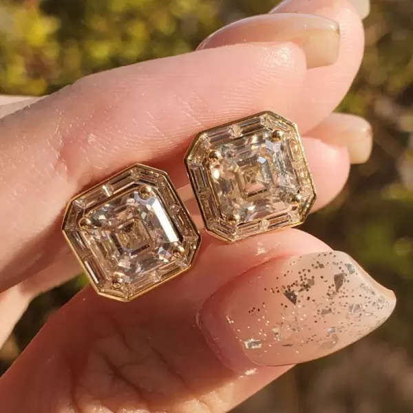 8ctw Asscher Cut White Sapphrie Halo Stud Earrings