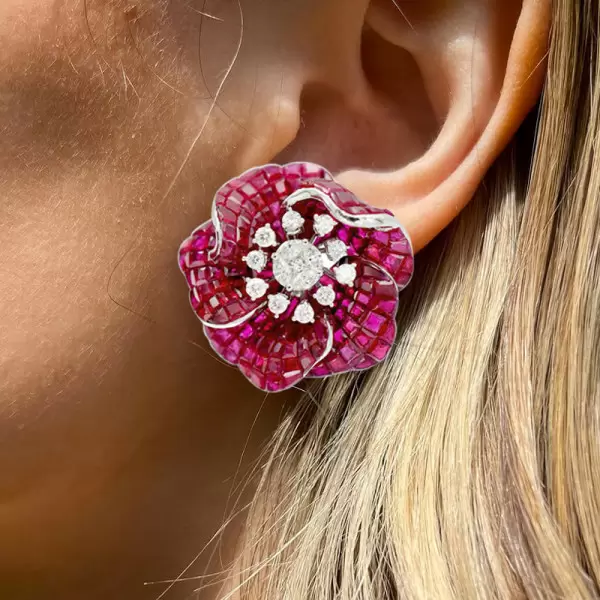 45ctw Invisibly-Set Ruby Flower Statement Earrings