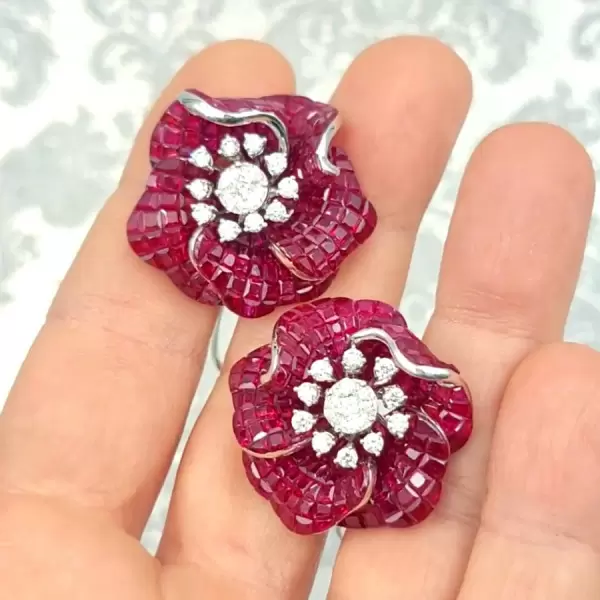 45ctw Invisibly-Set Ruby Flower Statement Earrings