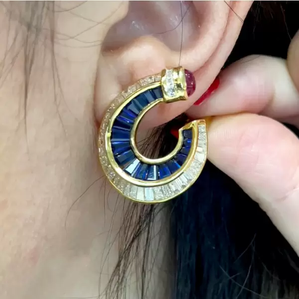 10ctw White and Blue Sapphire Art-deco No Piercings Ear Clips