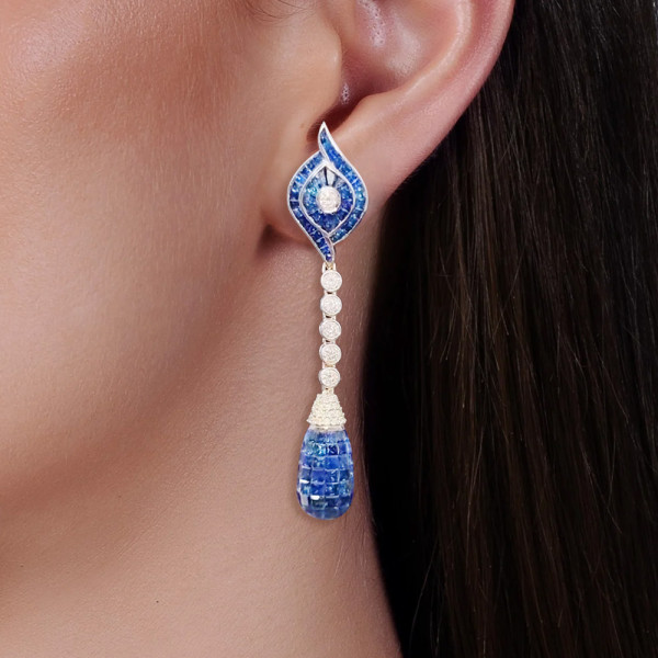 35ctw Invisible-set Princess Cut Blue Sapphrie Drop Earrings