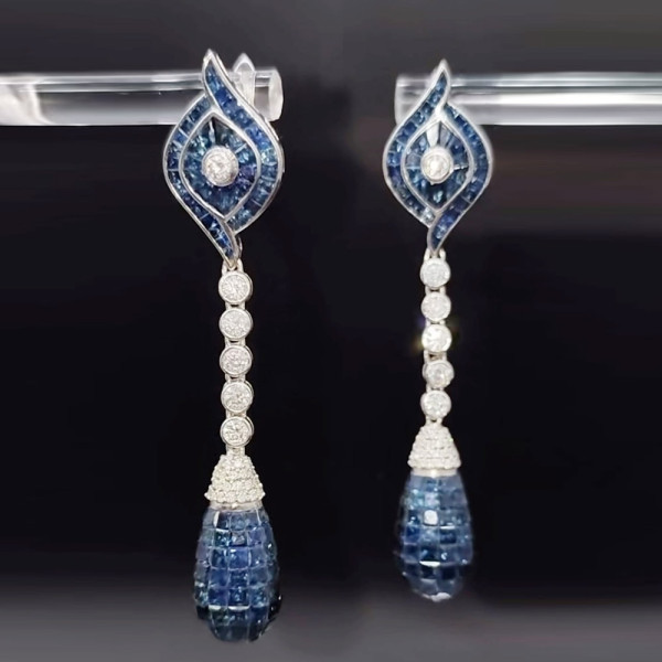 35ctw Invisible-set Princess Cut Blue Sapphrie Drop Earrings