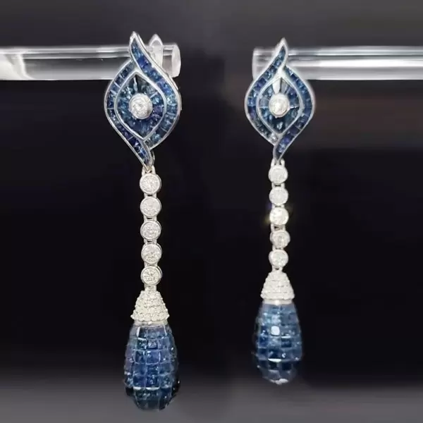 35ctw Invisible-set Princess Cut Blue Sapphrie Drop Earrings