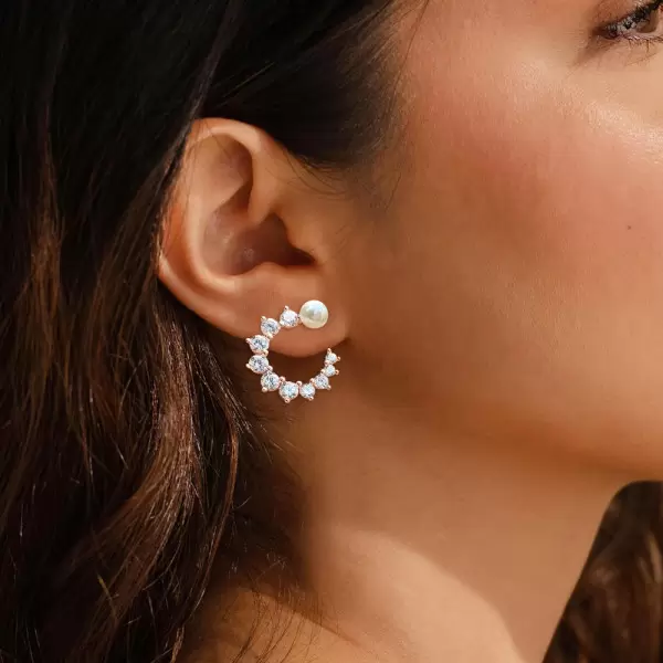 Lab-Created Diamond and Pearl Open Hoop Earrings