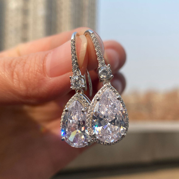 4ct Pear Cut White Sapphire Drop Earrings in Sterling Silver