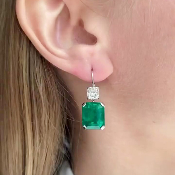 12.5ctw Emerald Cut Green Sapphire Drop Earrings