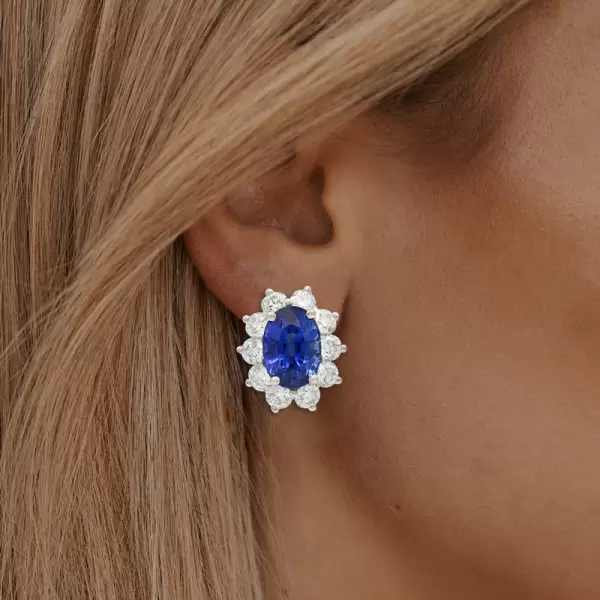2ct Oval Cut Halo Blue Sapphire Stud Earrings