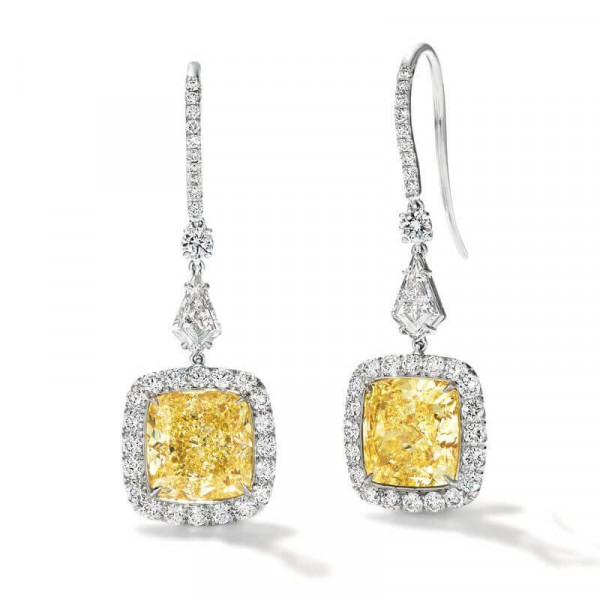 5.5ct Cushion Cut Yellow Sapphire Halo Drop Earrings