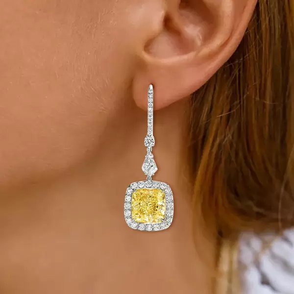 5.5ct Cushion Cut Yellow Sapphire Halo Drop Earrings
