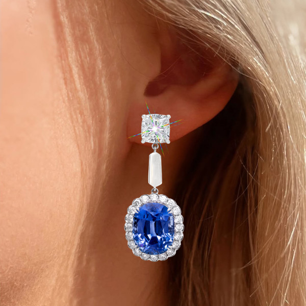 6.5ct Oval Cut Blue Sapphire Halo Drop Earrings