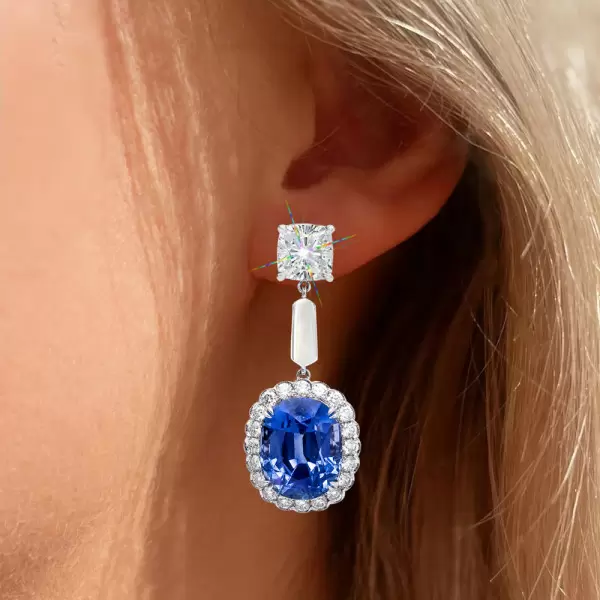 6.5ct Oval Cut Blue Sapphire Halo Drop Earrings