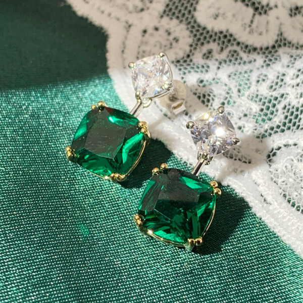 13.6ctw Cushion Cut Emerald Drop Earrings