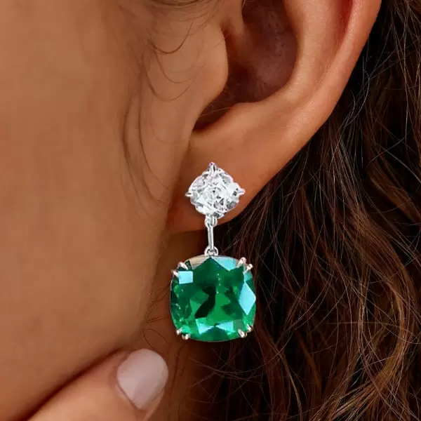 13.6ctw Cushion Cut Emerald Drop Earrings