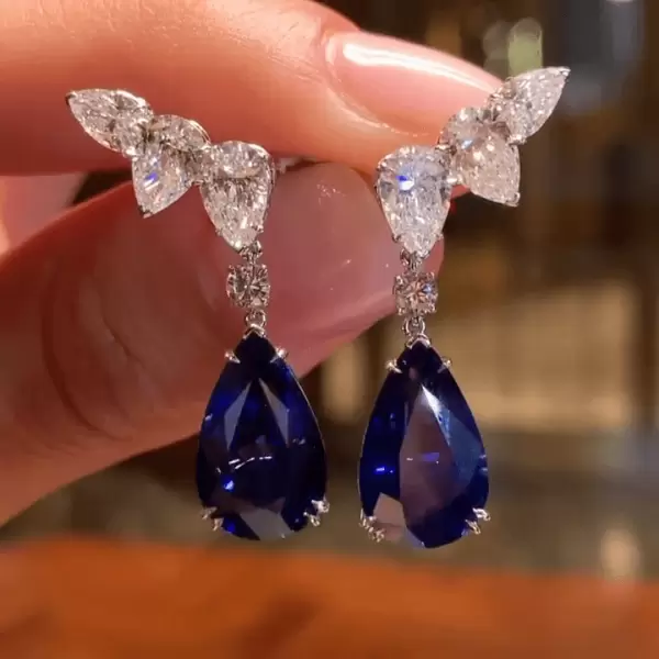 Glamorous Wing Pear Cut Sapphire Drop Earrings