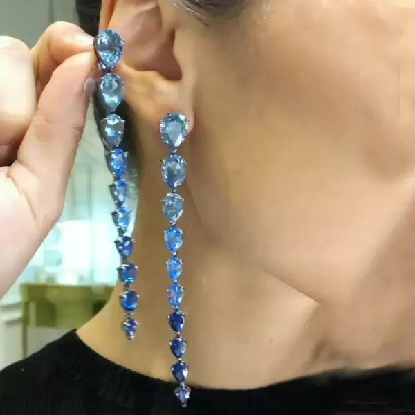 5.75ct Pear Cut Blue Sapphire Drop Earrings