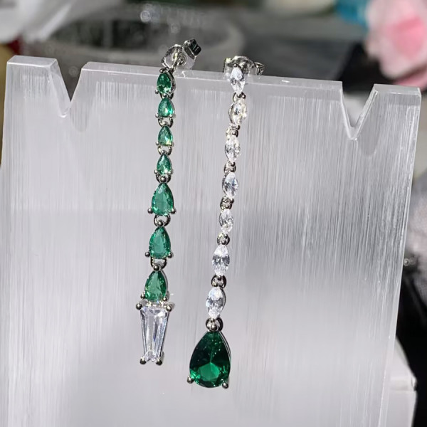 3.95ct Mismatch Shield Cut Emeralds White Sapphire Drop Earrings