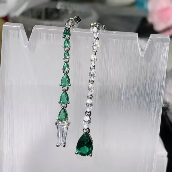 3.95ct Mismatch Shield Cut Emeralds White Sapphire Drop Earrings