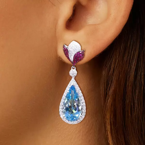 Nature-Inspired Halo Pear Cut Lotus Drop Earrings