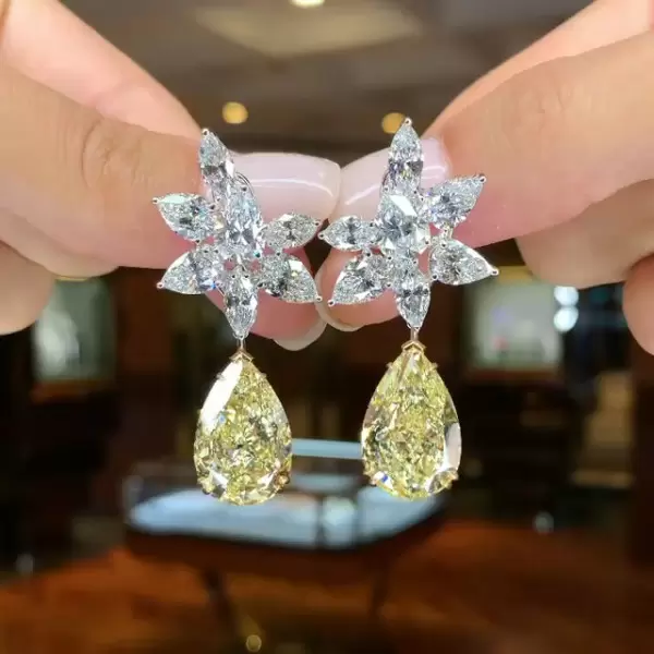 10.65ct Pear Cut Yellow & White Sapphire Drop Earrings