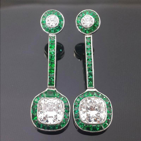 14.5ctw Cushion Cut Emerald & White Sapphire Drop Earrings