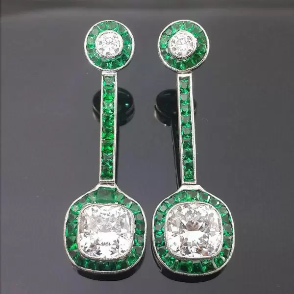 14.5ctw Cushion Cut Emerald & White Sapphire Drop Earrings