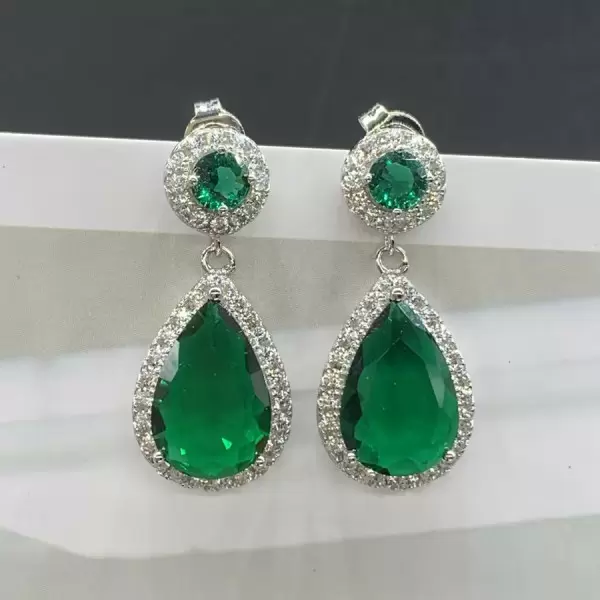 7.5ct Pear Cut Emerald Halo Drop Earrings