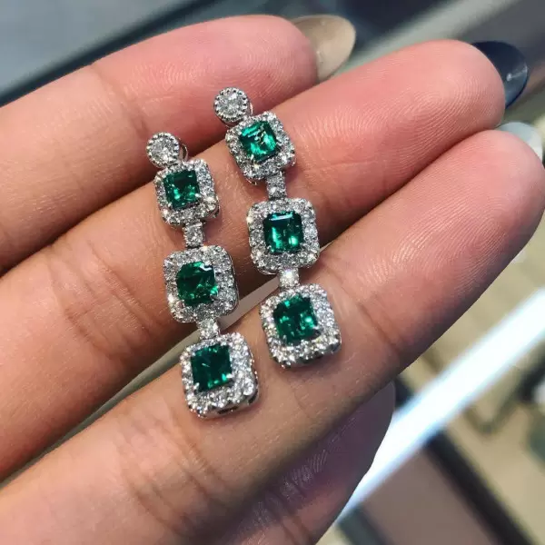 7.2ct Radiant Cut Green Sapphire Halo Drop Earrings