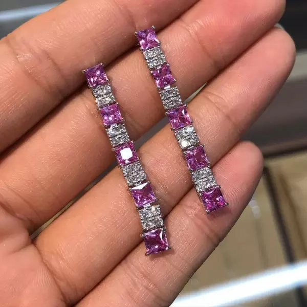 6.8ct Princess Cut Pink Sapphire Drop Earrings