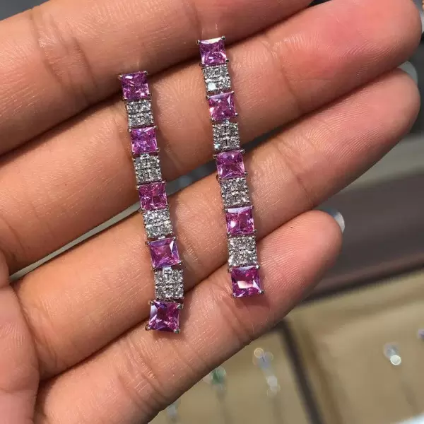 6.8ct Princess Cut Pink Sapphire Drop Earrings