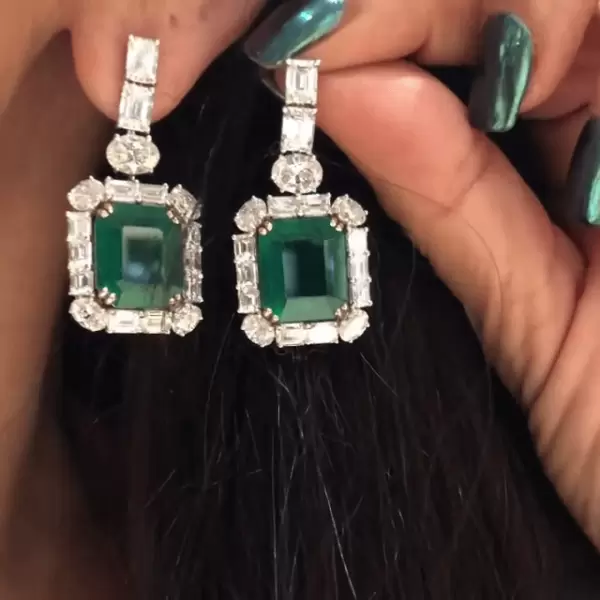 31mm Length Emerald Cut Green Sapphire Drop Earrings