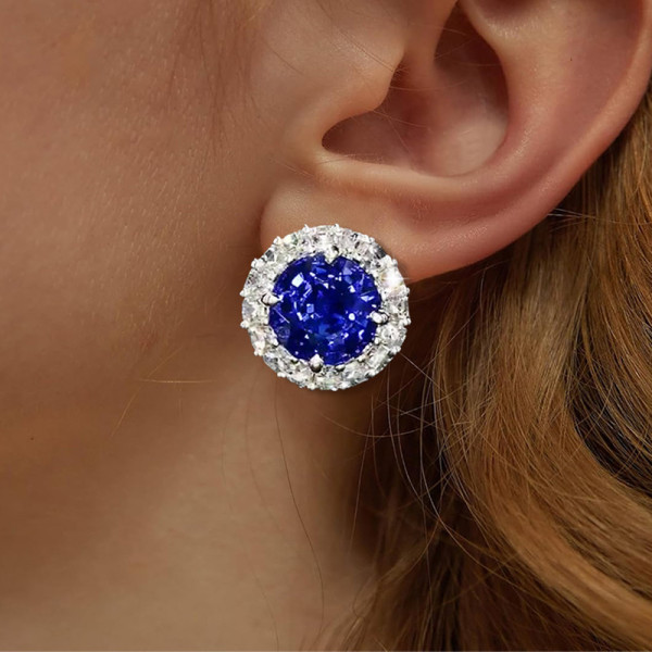 2.75ct Round Cut Blue Sapphire Halo Stud Earrings