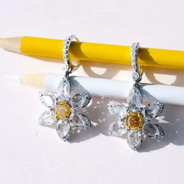 15.5ct Cushion Cut Yellow Sapphire Flower Drop Earrings