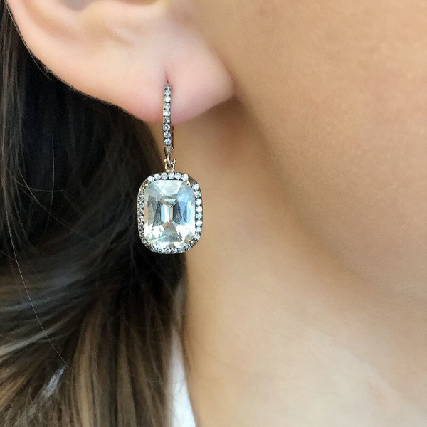 Cushion Cut Halo Pave White Sapphire Earrings