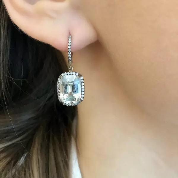 Cushion Cut Halo Pave White Sapphire Earrings