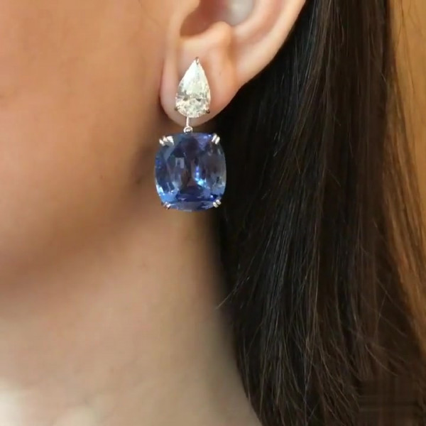 Cushion Cut Blue Sapphire Drop Earrings