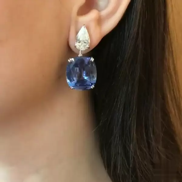 Cushion Cut Blue Sapphire Drop Earrings