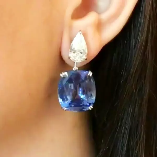 Cushion Cut Blue Sapphire Drop Earrings