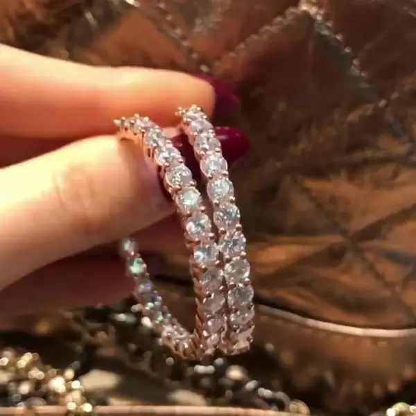 Round Cut White Sapphire Hoop Earrings in Rose Gold