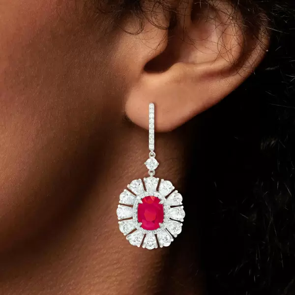 14ctw Halo Oval Cut Ruby Flower Drop Earrings