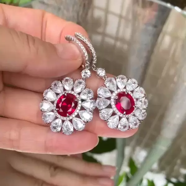 14ctw Halo Oval Cut Ruby Flower Drop Earrings