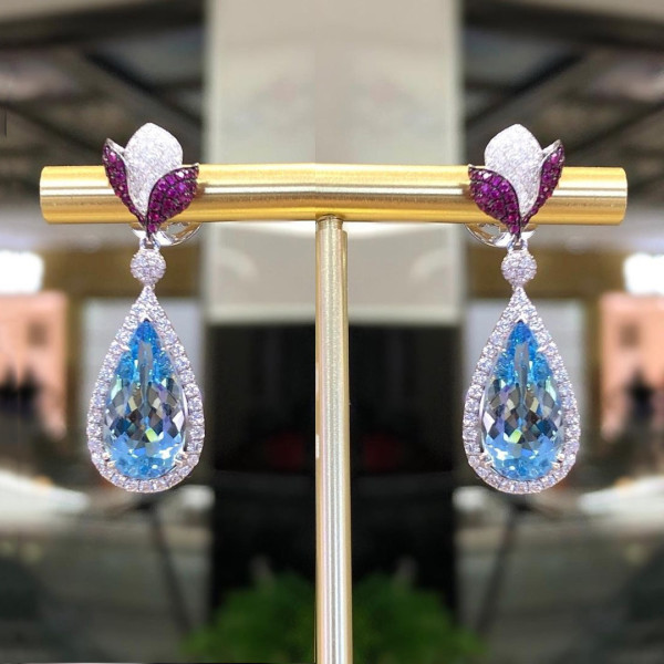 Nature-Inspired Halo Pear Cut Lotus Drop Earrings