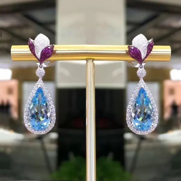 Nature-Inspired Halo Pear Cut Lotus Drop Earrings
