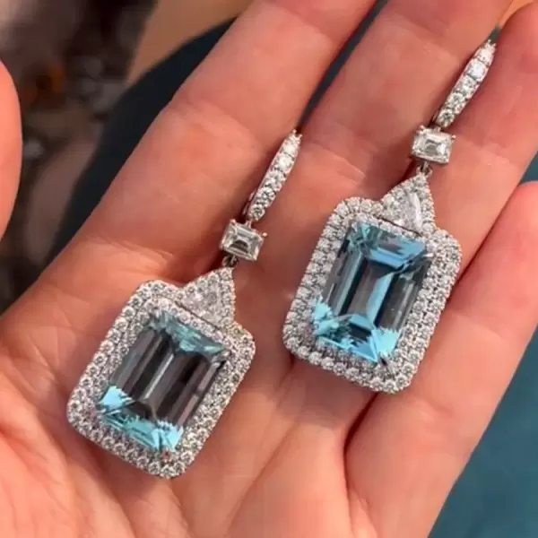 18ctw Emerald Cut Aquamarine Art-deco Drop Earrings