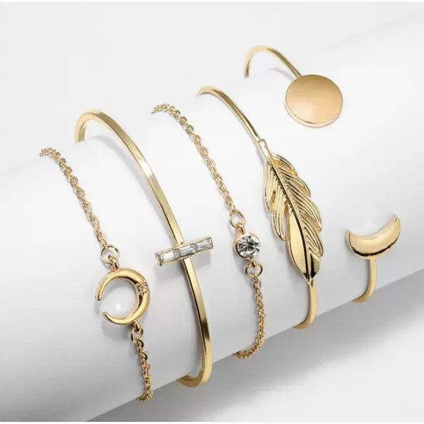 Yellow Gold Feather Geometric 5-piece Bracelet Set