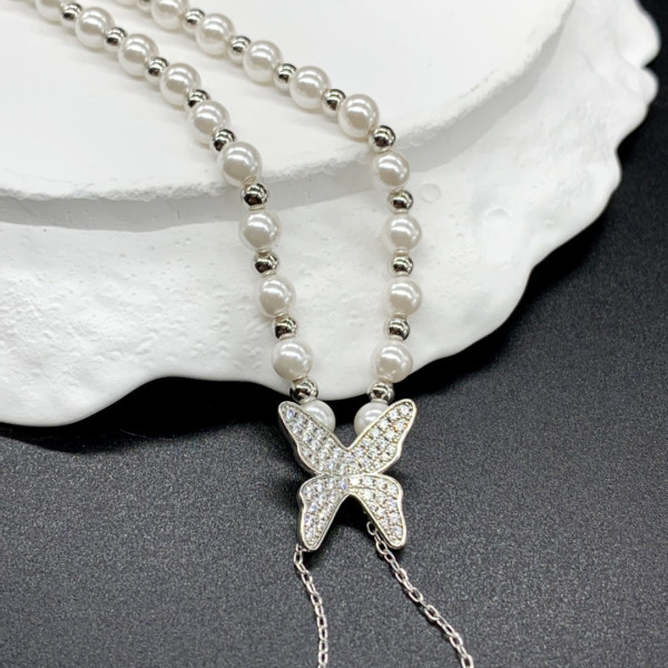 Adjustable Bolo White Pearl Butterfly Necklace