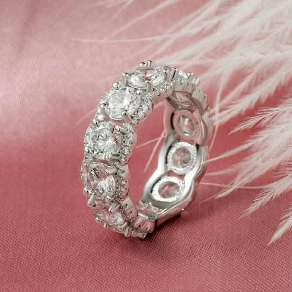 Handmade Round Cut Halo Sterling Silver Band 